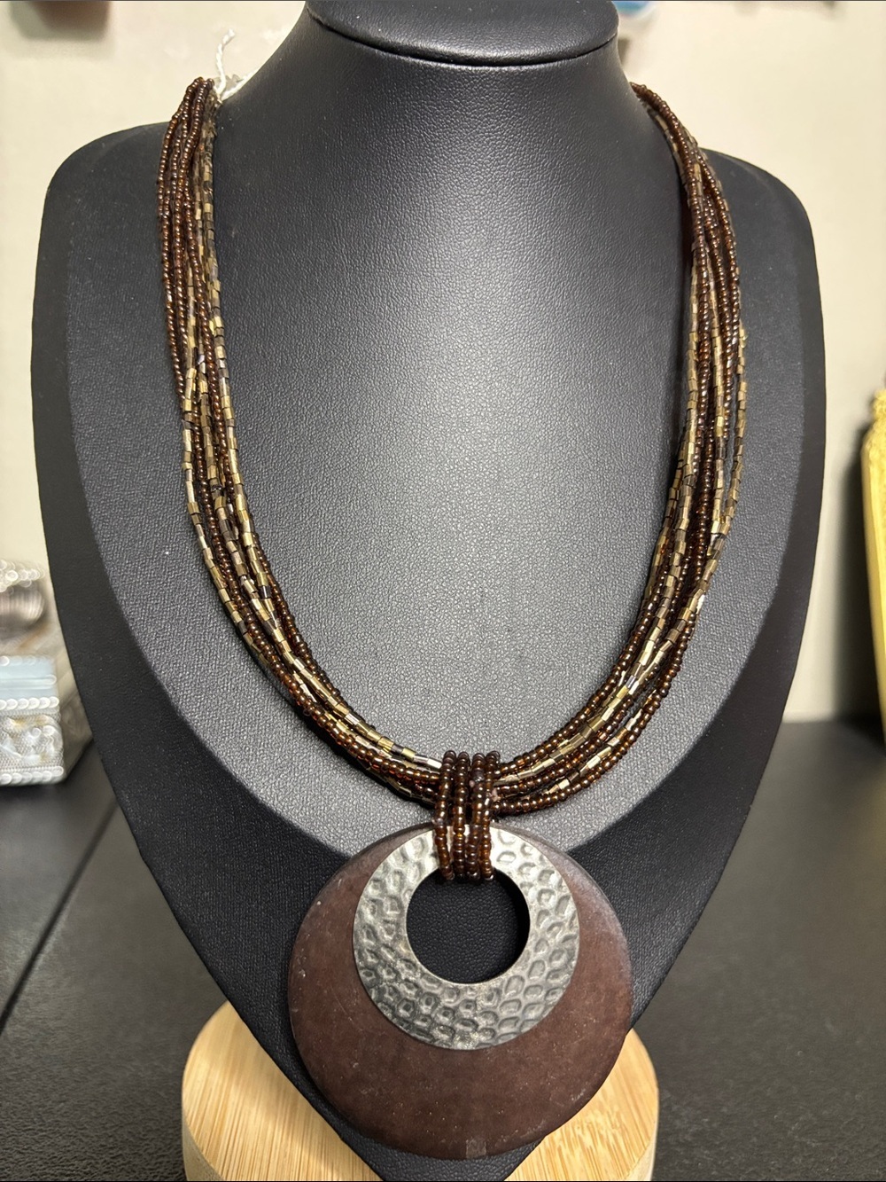 Boho Brown Glass Beaded Multi-Strand Necklace Wood Round Pendant Western